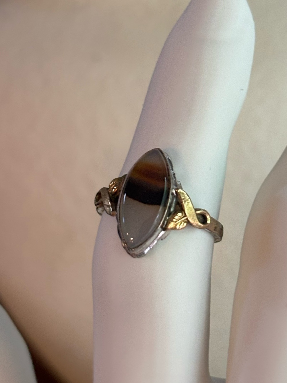 Vintage Clark & Coombs Sterling Silver 10K GF Marquise Banded Agate Ring Sz 6.5 - Picture 8 of 11